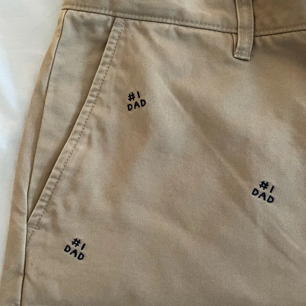 J. Crew Men's 8” Classic Tan Chino Shorts with #1 Dad Embroidery, 34W, NWOT